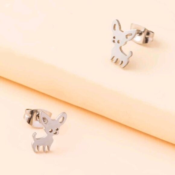Chihuahua Small Minimalist Silver Stud Earrings - Picture 2 of 6
